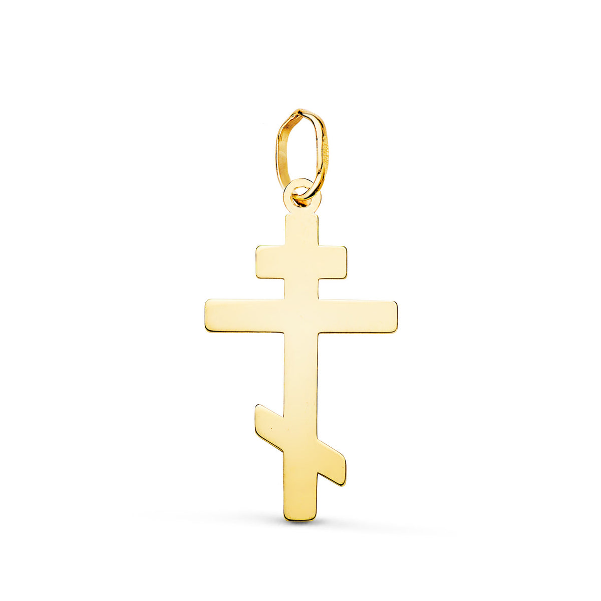 Colgante Cruz Ortodoxa Silueta en Brillo. 22 x 12 mm de oro amarillo 18K