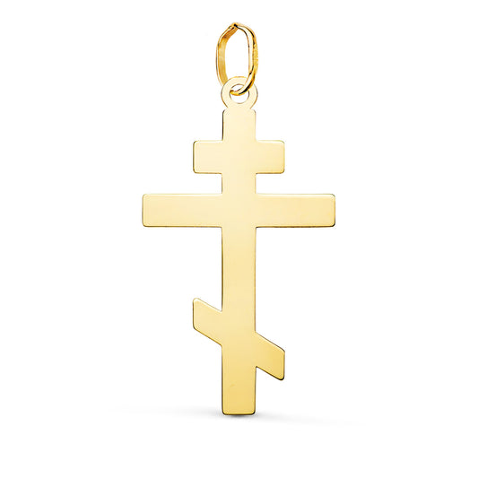 Colgante Cruz Ortodoxa Silueta en Brillo. 28 x 15 mm de oro amarillo 18K