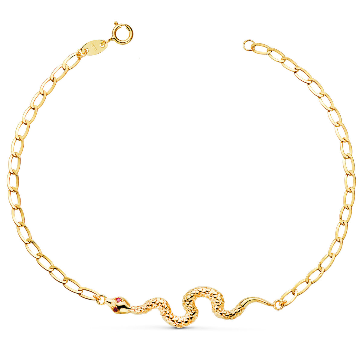 Pulsera Serpiente Ojos Rubí 40 mm. Cadena Hueca. Largo: 19 cm de oro amarillo 18K