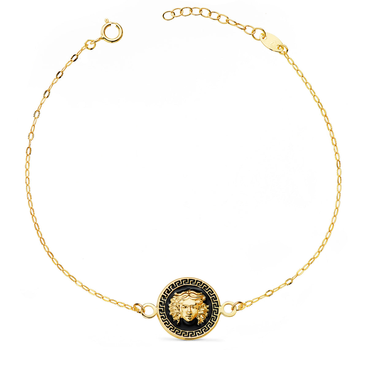 Pulsera Medusa Esmalte Negro 12 mm Cadena Tallada. Largo: 18-3 cm de oro amarillo 18K