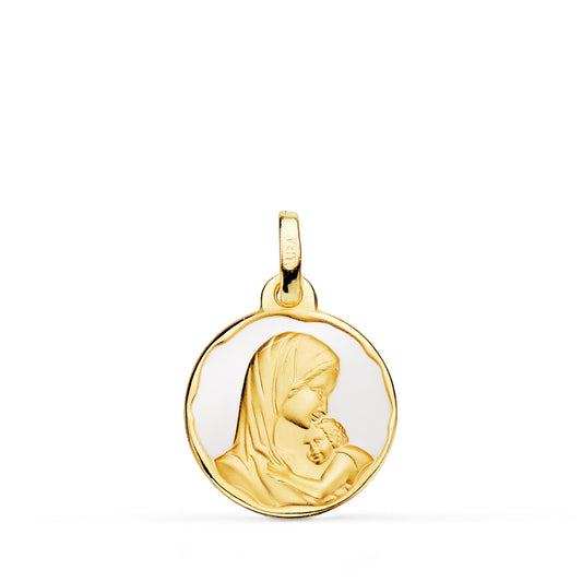 Medalla Virgen Madre Amor Maternal Esmalte Blanco 16 mm de oro amarillo 18K