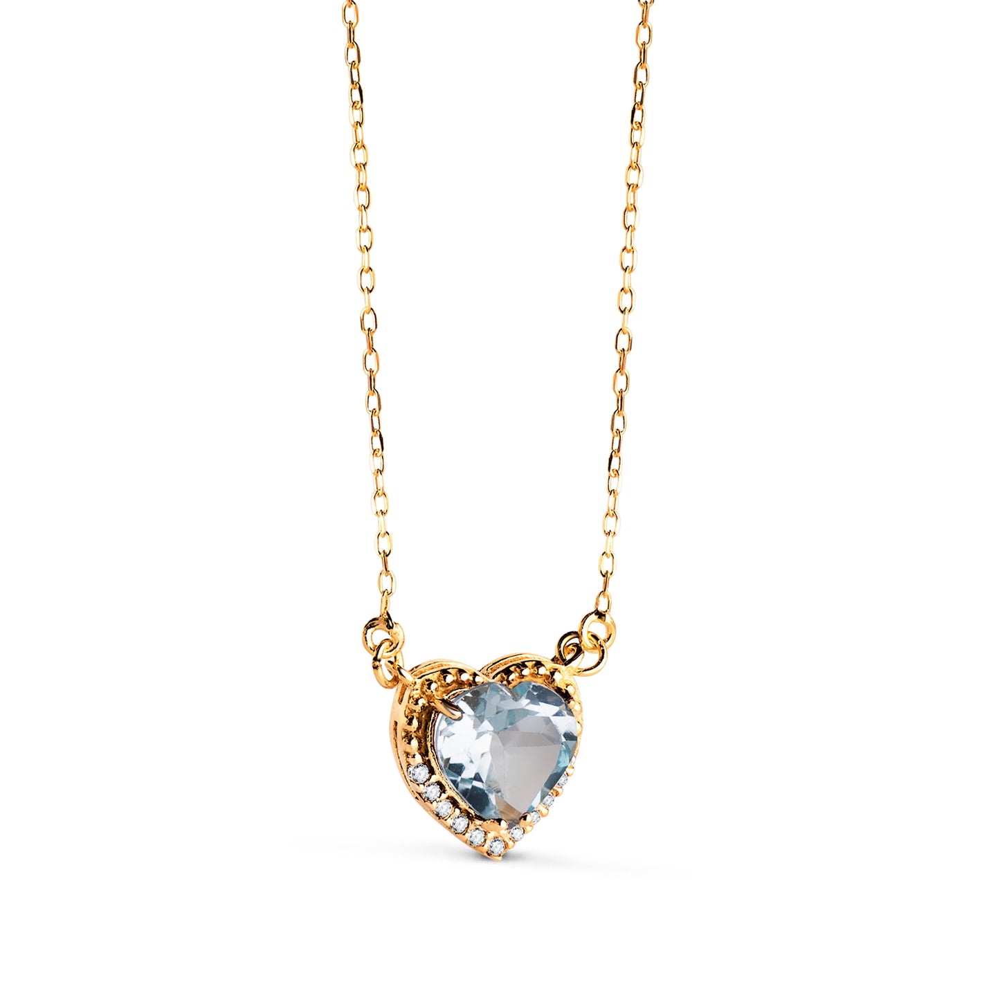 18K GARGANTILLA ORO AMARILLO CORAZON TOPACIO AZUL 7MM CIRCONITAS CADENA 40-2CM