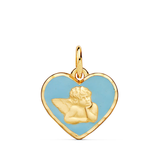 Medalla Corazon Angelito Burlon Esmalte Azul 14 mm C. Amor de oro amarillo 18K