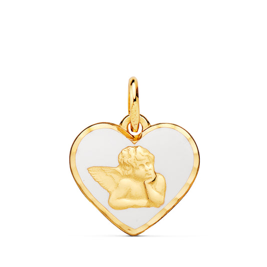 Medalla Corazon Angelito Burlon Esmalte Blanco 14 mm C. Amor de oro amarillo 18K