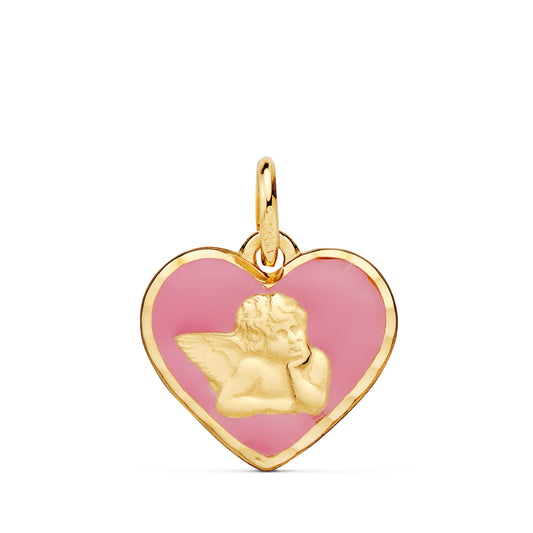 Medalla Corazon Angelito Burlon Esmalte Rosa 14 mm C. Amor de oro amarillo 18K