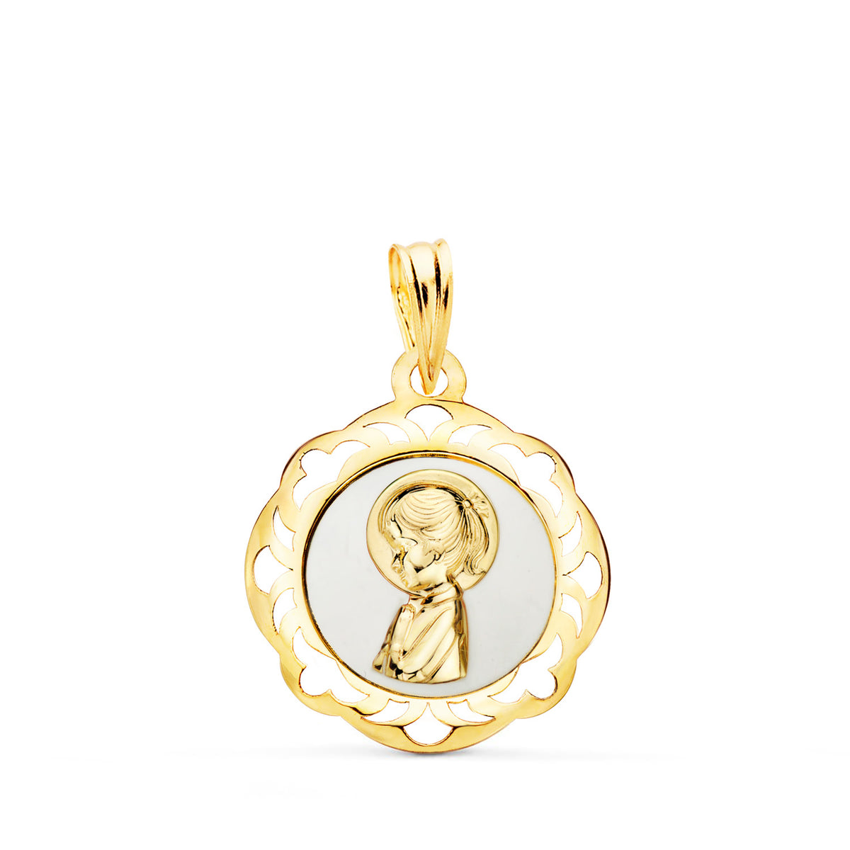 Medalla Virgen Niña Esmalte Blanco y Cerco Calado en Brillo 20 x 18 mm de oro amarillo 18K