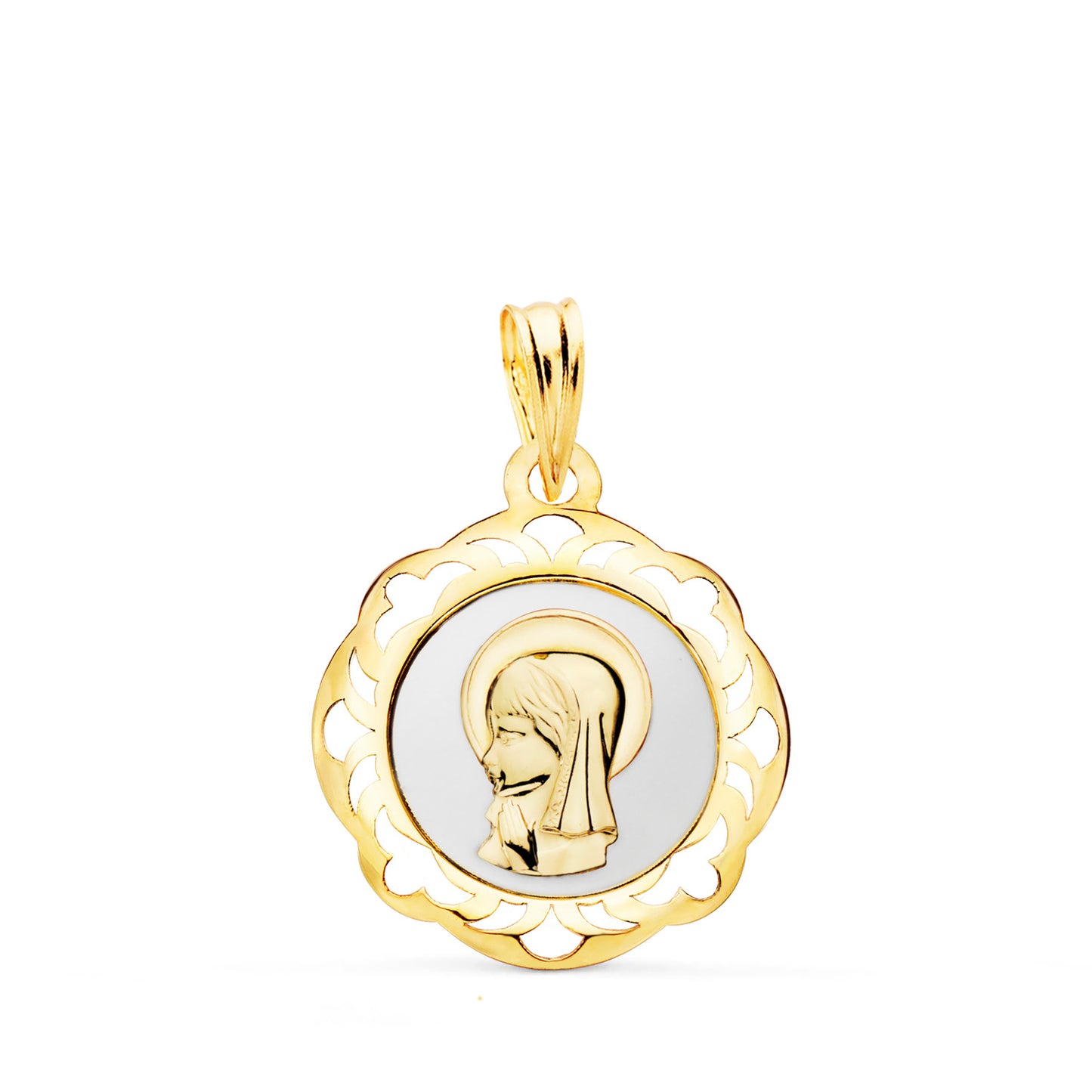 18K MEDALLA ORO AMARILLO VIRGEN NIÑA ESMALTE BLANCO Y CERCO CALADO EN BRILLO 20X18 MM