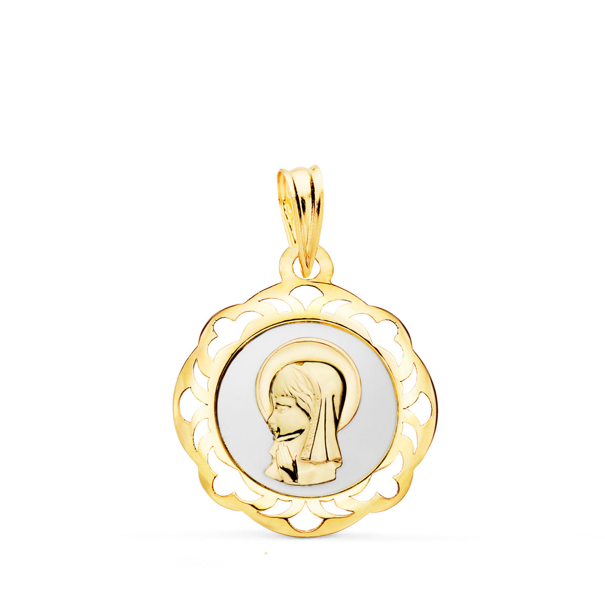 Medalla Virgen Niña Esmalte Blanco y Cerco Calado en Brillo 20 x 18 mm de oro amarillo 18K