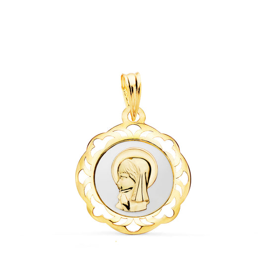 Medalla Virgen Niña Esmalte Blanco y Cerco Calado en Brillo 20 x 18 mm de oro amarillo 18K