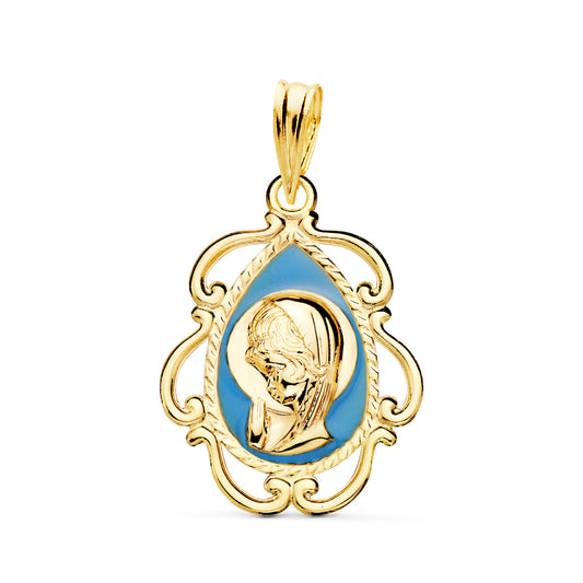 18K MEDALLA ORO AMARILLO VIRGEN NIÑA ESMALTE AZUL Y CERCO CALADO EN BRILLO 22X16 MM