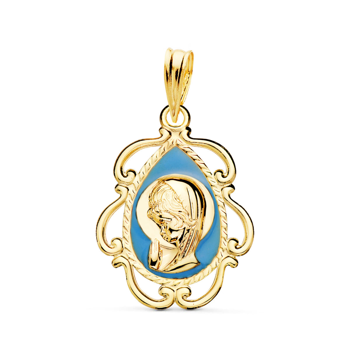 Medalla Virgen Niña Esmalte Azul y Cerco Calado en Brillo 22 x 16 mm de oro amarillo 18K