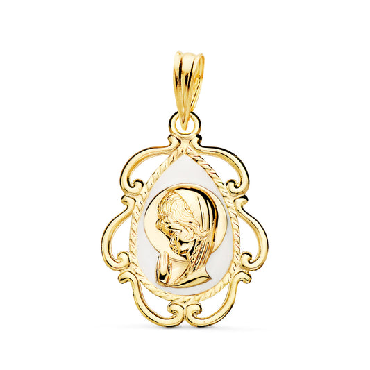 18K MEDALLA ORO AMARILLO VIRGEN NIÑA ESMALE BLANCO Y CERCO CALADO EN BRILLO 22X16 MM