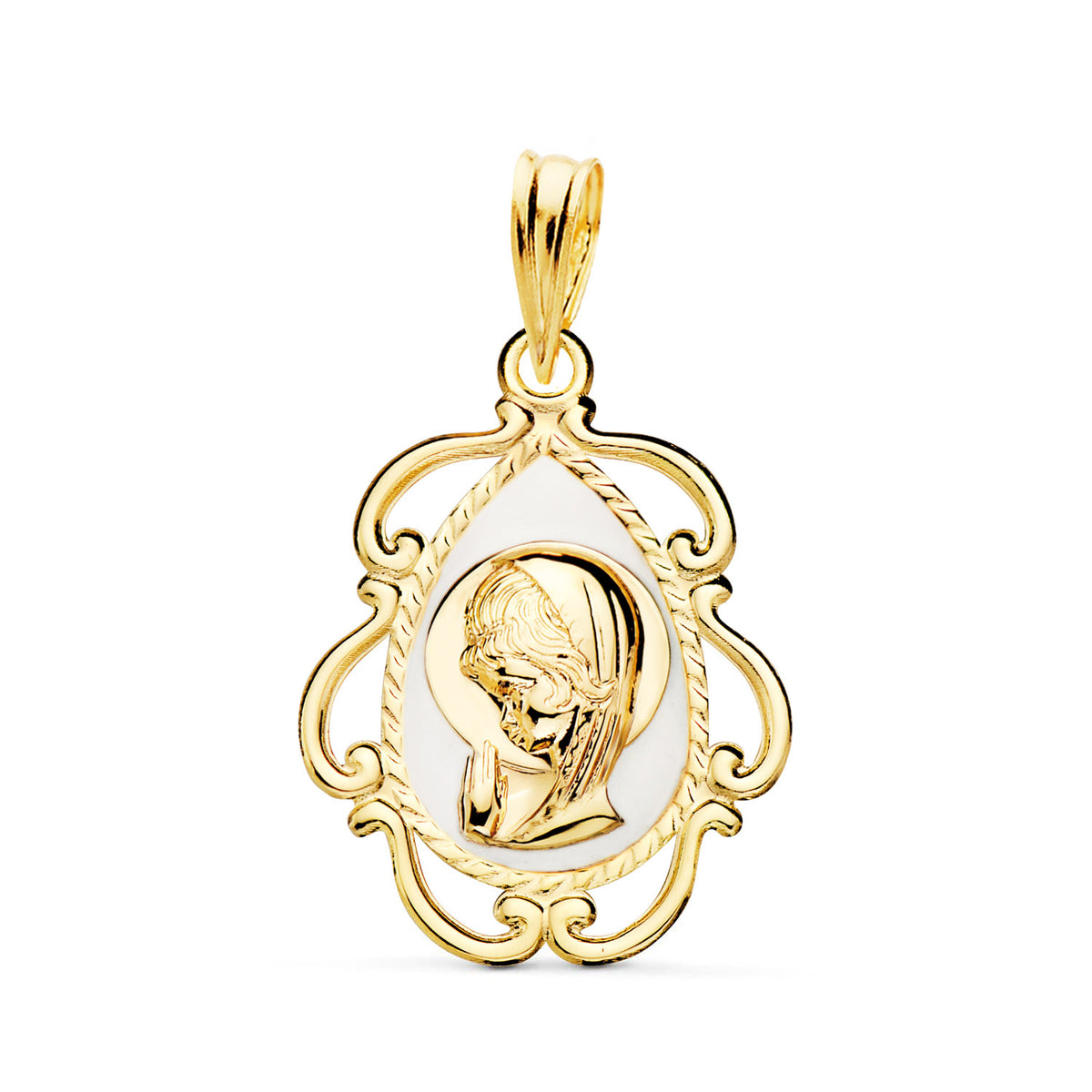 Medalla Virgen Niña Esmale Blanco y Cerco Calado en Brillo 22 x 16 mm de oro amarillo 18K
