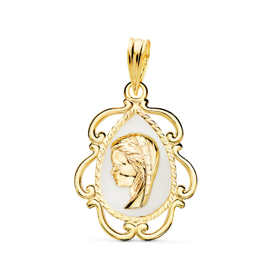 Medalla Virgen Niña Esmalte Blanco y Cerco Calado en Brillo 22 x 16 mm de oro amarillo 18K