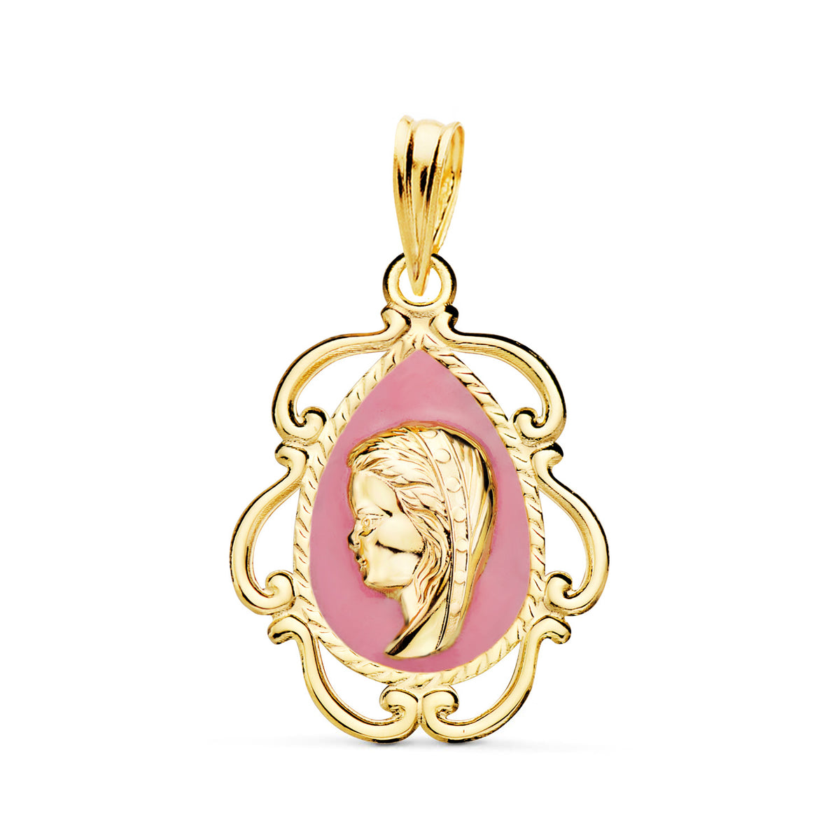 Medalla Virgen Niña Esmalte Rosa y Cerco Calado en Brillo 22 x 16 mm de oro amarillo 18K