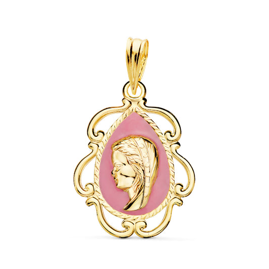 Medalla Virgen Niña Esmalte Rosa y Cerco Calado en Brillo 22 x 16 mm de oro amarillo 18K