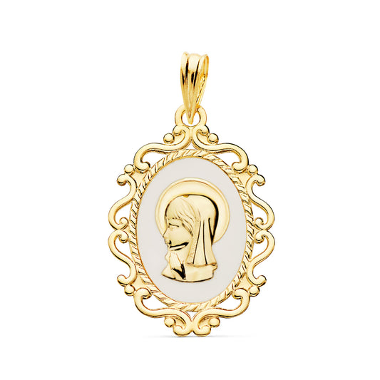 Medalla Virgen Niña Perfil Esmalte Blanco y Cerco Calado Brillo 23 x 16 mm de oro amarillo 18K
