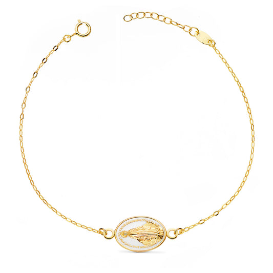 Pulsera Virgen Milagrosa Esmalte Blanco 13 x 10 mm. Cadena Tallada: Largo: 17-3 cm de oro amarillo 18K