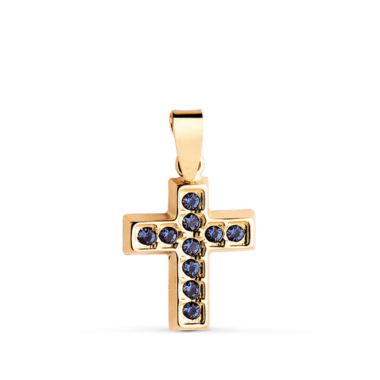 18K CRUZ ORO AMARILLO CON CIRCONITAS AZULES. MEDIDA: 13,5 X 10 MM