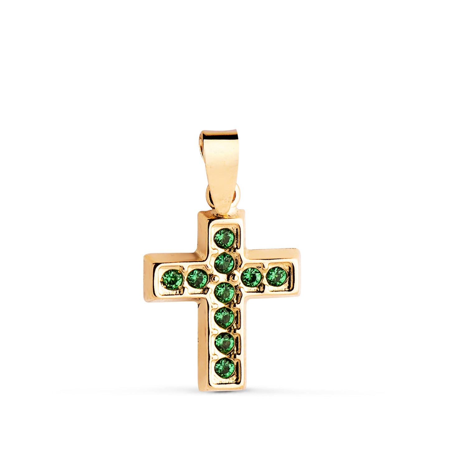 18K CRUZ ORO AMARILLO CON CIRCONITAS VERDES. MEDIDA: 13,5 X 10 MM