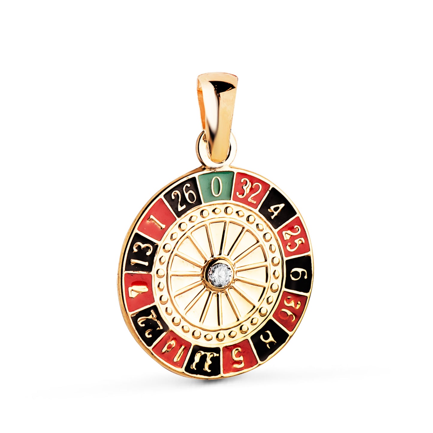 18K COLGANTE AMULETO ORO AMARILLO RULETA CASINO ESMALTADA CON CIRCONITA. MEDIDA: 14,5 MM