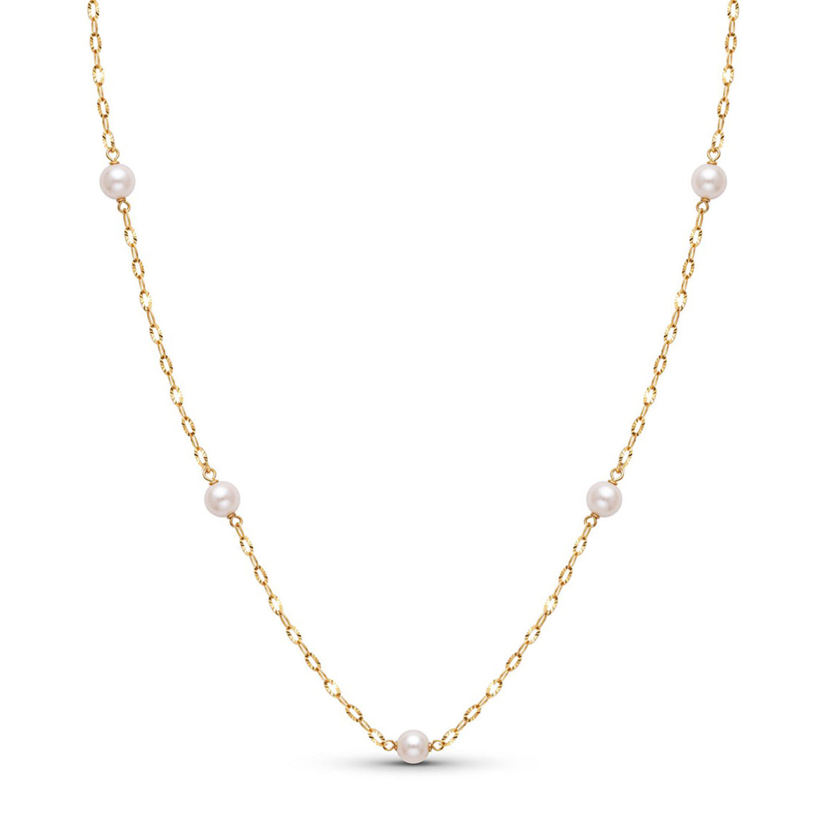 Collar Gargantilla con 5 Perlas de 5 mm. Cadena Forzada. Largo: 45 Cm de oro amarillo 18K