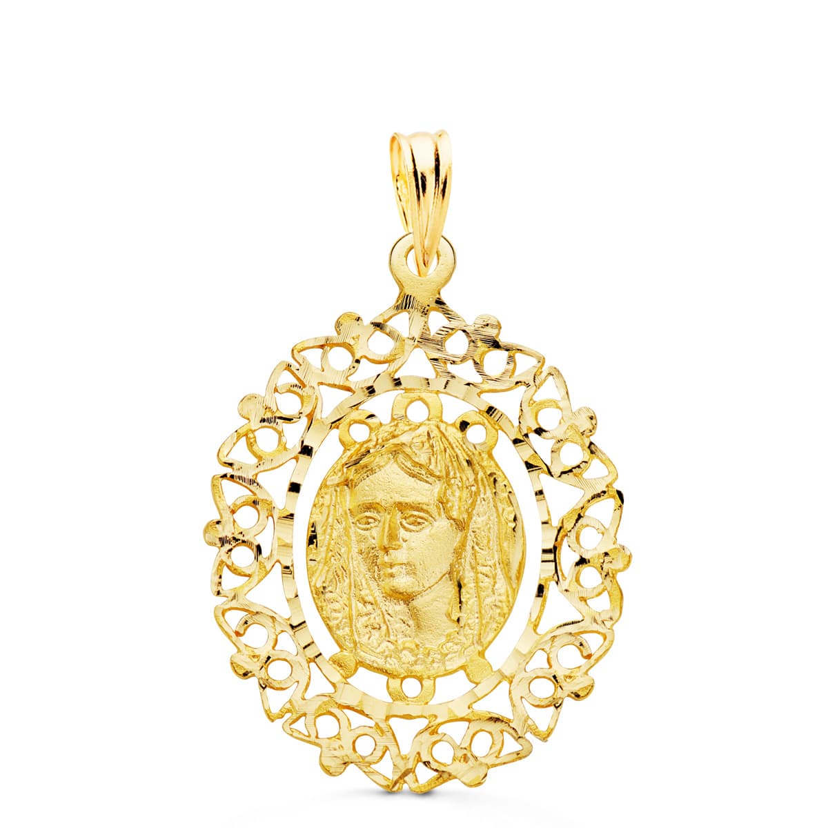 18K MEDALLA ORO AMARILLO VIRGEN DE LA MACARENA CERCO FILIGRANA 28X21 MM