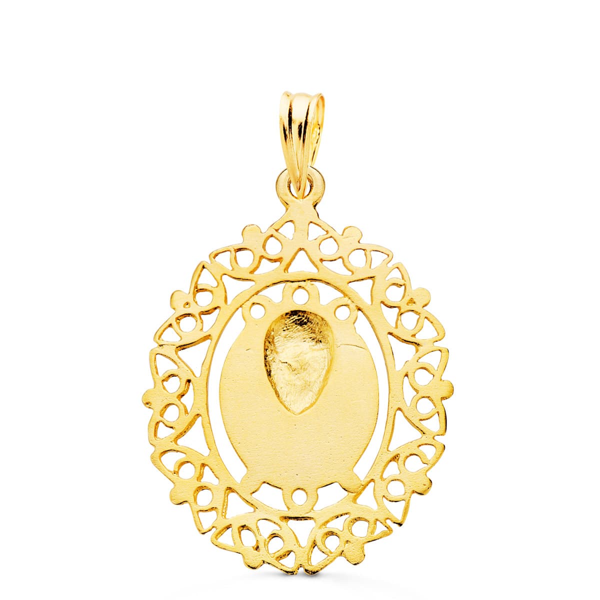 Medalla Virgen de la Macarena Cerco Filigrana 28 x 21 mm de oro amarillo 18K