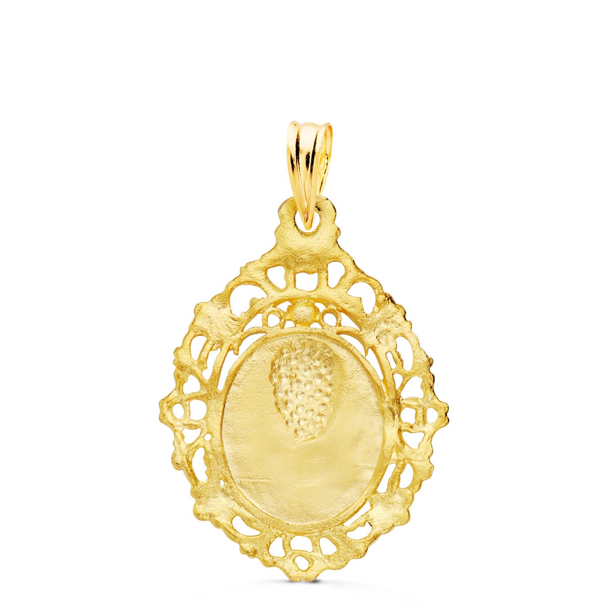 Medalla Virgen de la Macarena Cerco Filigrana 27 x 20 mm de oro amarillo 18K