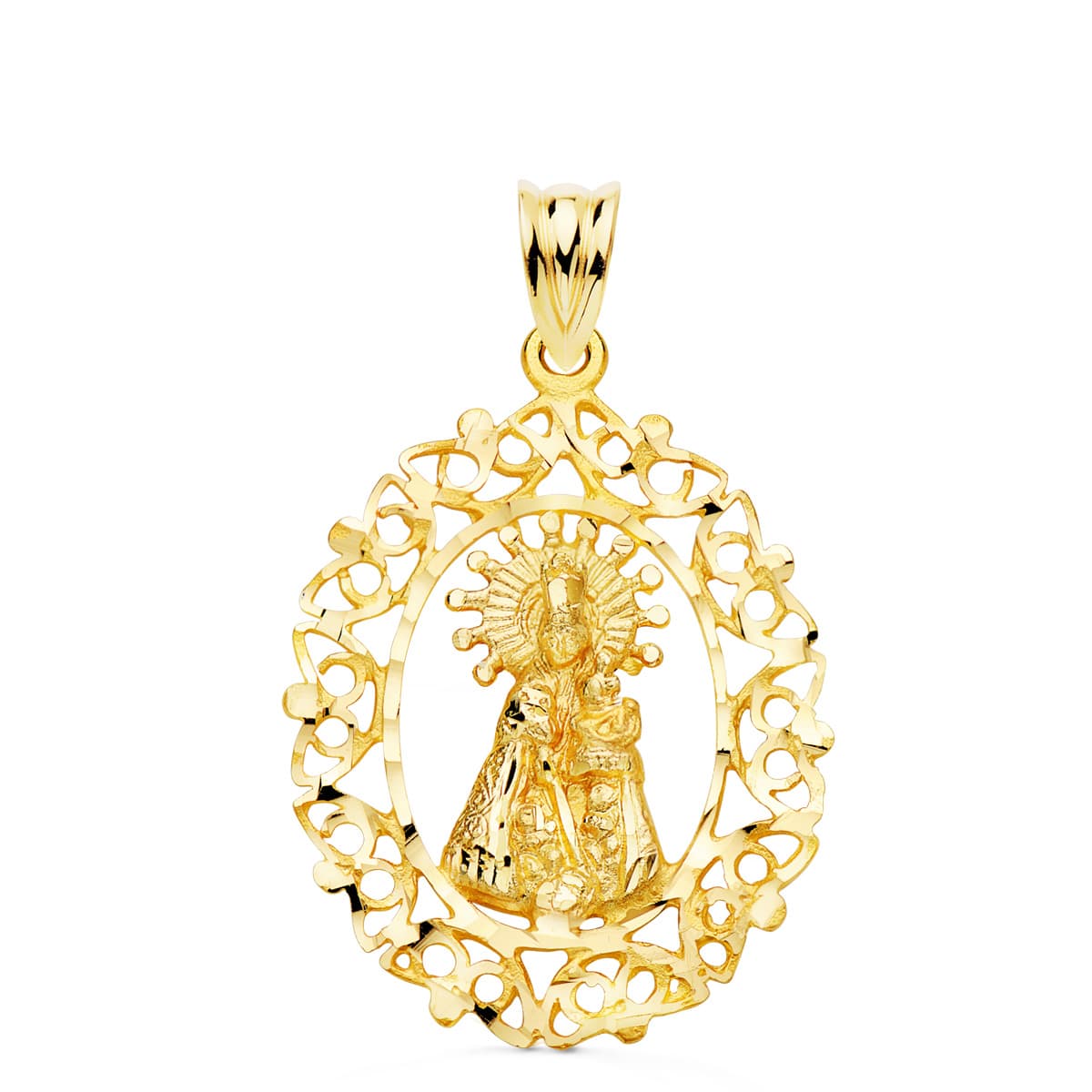 18K MEDALLA ORO AMARILLO VIRGEN DESAMPARADOS CERCO CALADO 28X21 MM