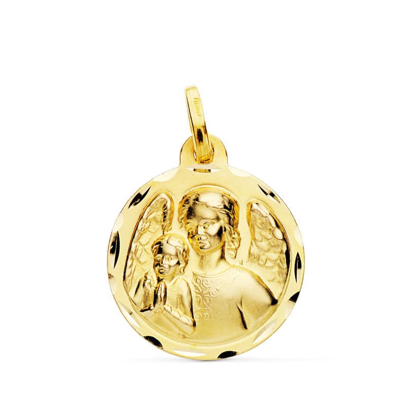 Medalla Angel de la Guarda con Niño Tallada 18 mm de oro amarillo 18K