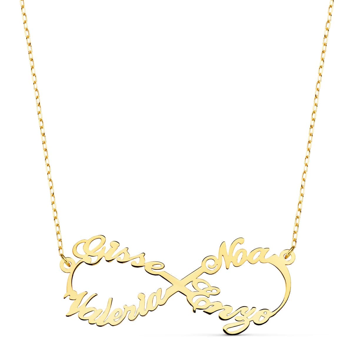 18K GARGANTILLA ORO AMARILLO INFINITO PERSONALIZADO 4 NOMBRES 35 MM CADENA 44 2 CM