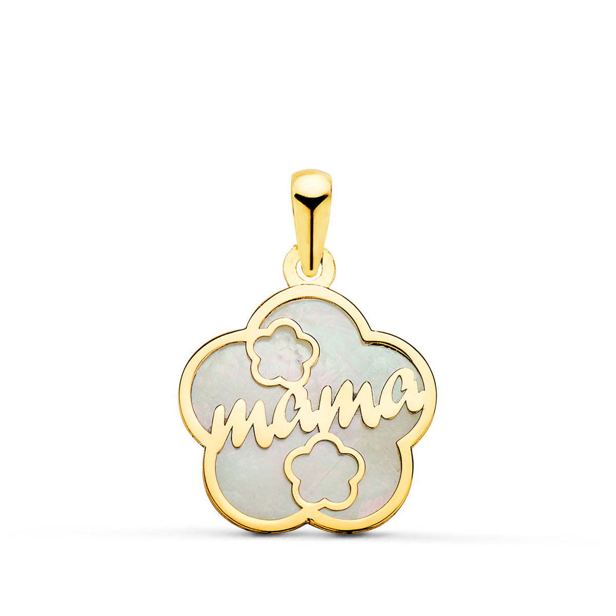 Colgante de Nacar Forma de Flor y Mama con Corazones 15 x 15 mm de oro amarillo 18K