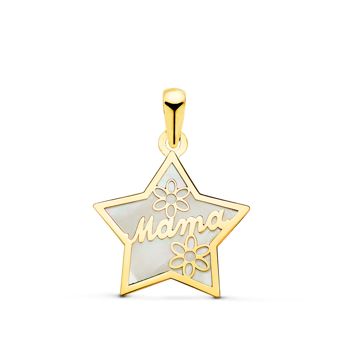 Colgante de Nacar Forma de Estrella y Mama con Flores 16 x 15 mm de oro amarillo 18K