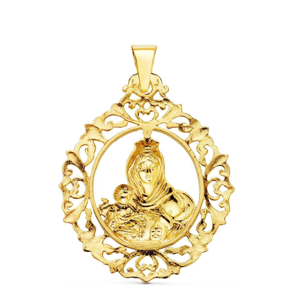 18K MEDALLA ORO AMARILLO VIRGEN DEL CARMEN ORLA FILIGRANA 37X30 MM