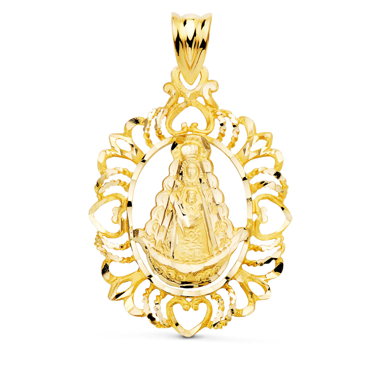 Medalla Virgen del Rocio Cerco Tallado 30 x 22 mm de oro amarillo 18K