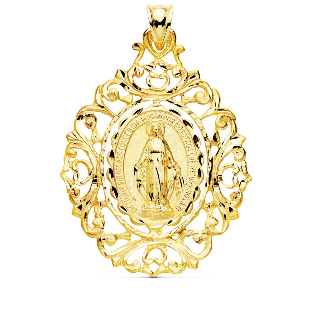 18K MEDALLA ORO AMARILLO VIRGEN DE LA MILAGROSA CERCO 46X35 MM