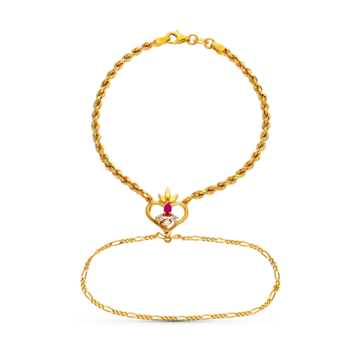 Pulsera India Rubí Corazon de oro amarillo 18K