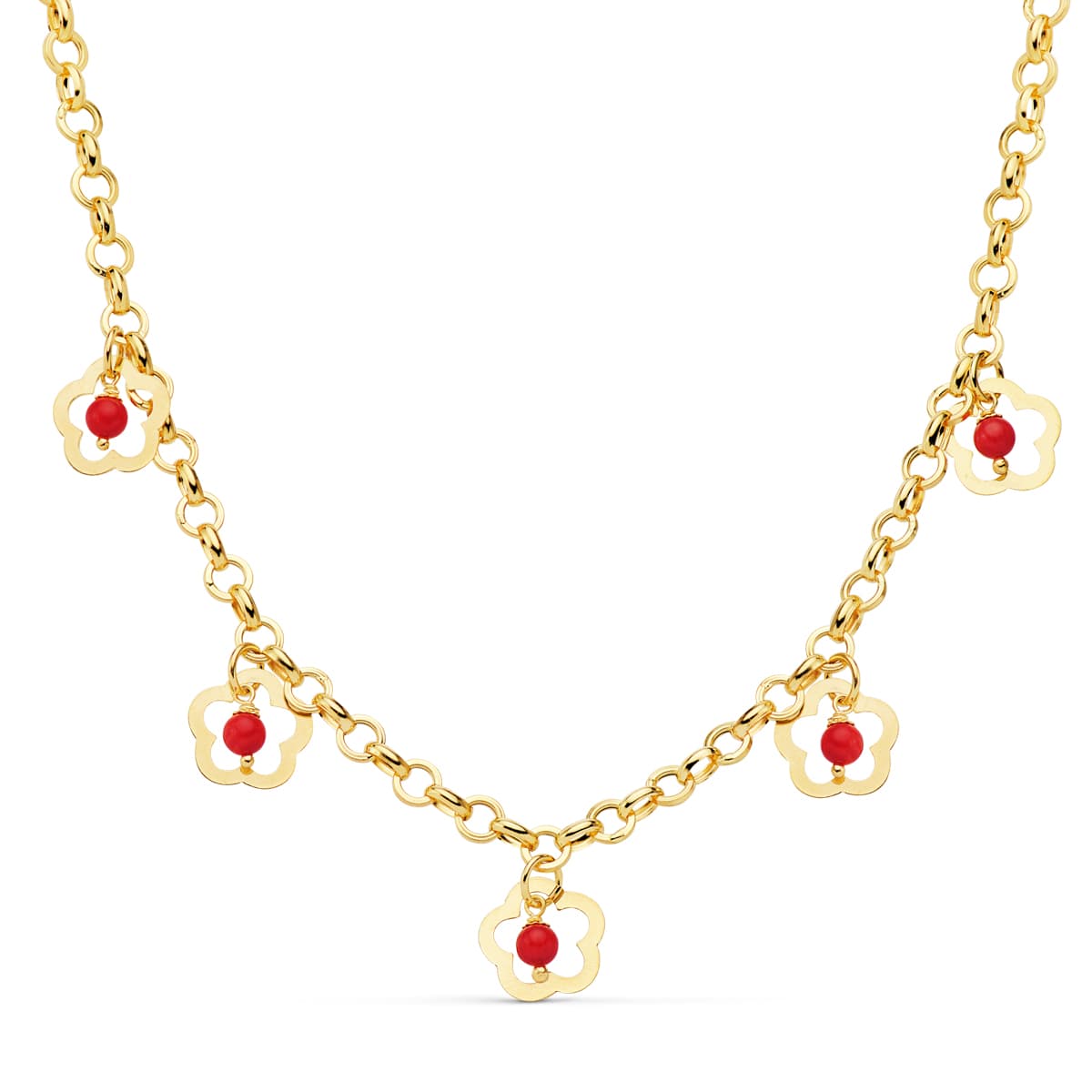 Collar Flores 12 mm Coral Cadena 50 cm de oro amarillo 18K