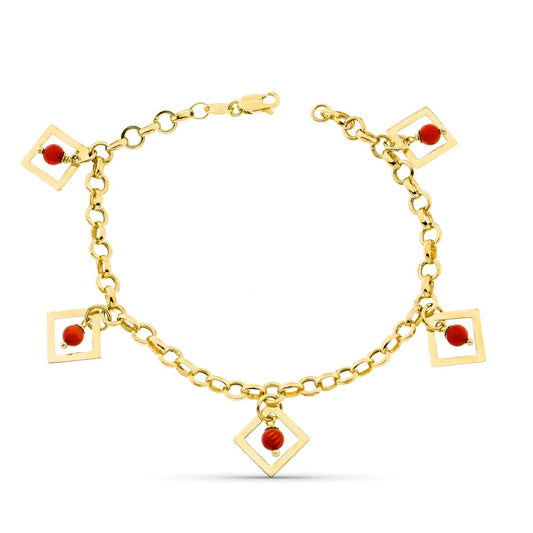 Pulsera Eslabon Rolo Rombos y Coral de oro amarillo 18K