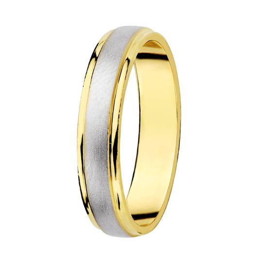 18K ALIANZA ORO BICOLOR MATIZADA Y BORDES EN BRILLO 4 MM