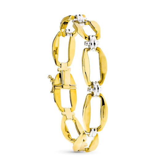 Pulsera Bicolor Eslabon Rectangulo y Cruz Mate y Brillo 18K