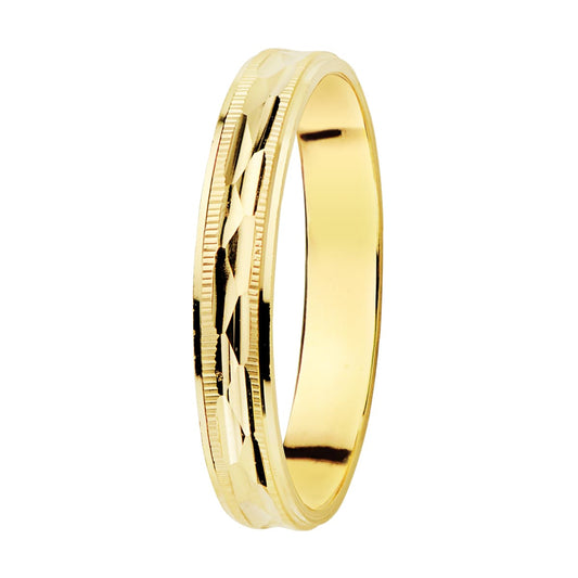 Alianza Tallada y Bordes Estriados. Ancho: 3 mm de oro amarillo 18K