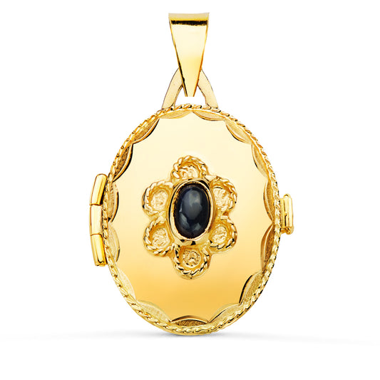 Guardapelo Dije Portafotos Oval con Piedra Azul y Borde Hilo Reliado. 23 x 18 mm de oro amarillo 18K