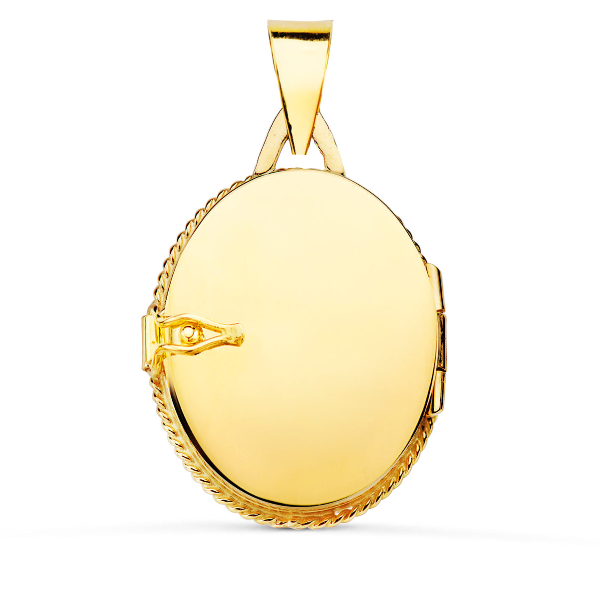 Guardapelo Dije Portafotos Oval con Piedra Azul y Borde Hilo Reliado. 23 x 18 mm de oro amarillo 18K