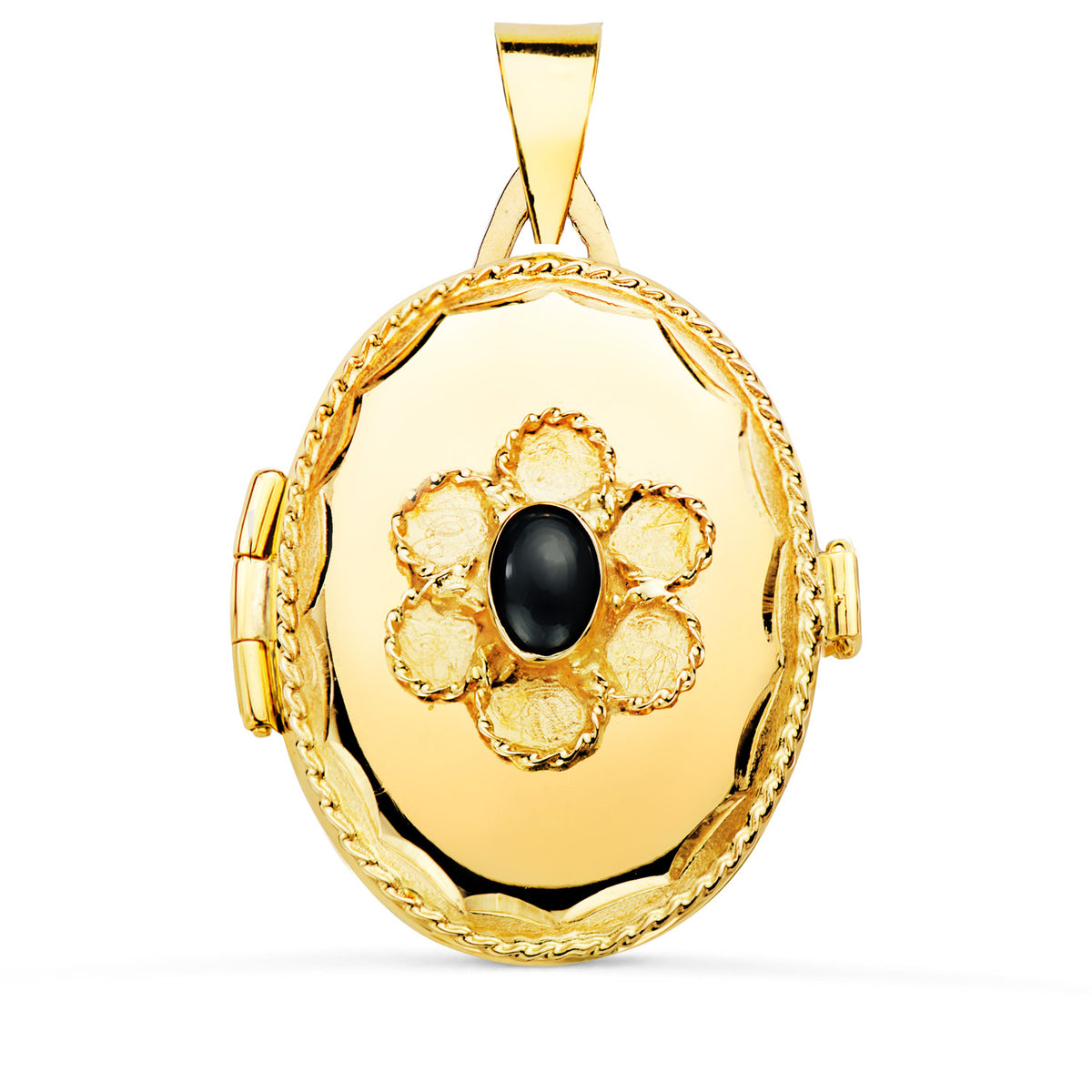 Guardapelo Dije Portafotos Oval con Piedra Azul y Borde Hilo Reliado. 26 x 21 mm de oro amarillo 18K