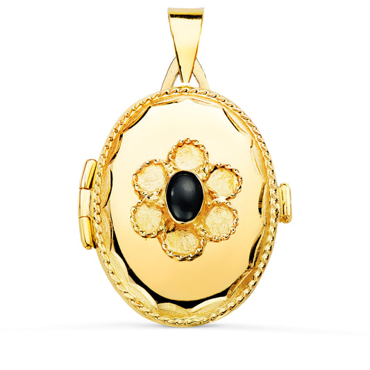 Guardapelo Dije Portafotos Oval con Piedra Azul y Borde Hilo Reliado. 26 x 21 mm de oro amarillo 18K