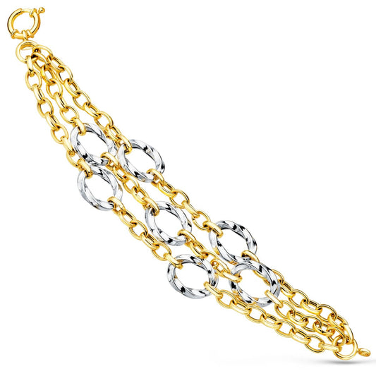 Pulsera Bicolor Triple Cadena Hueca Motivos Redondos 20 cm 18K