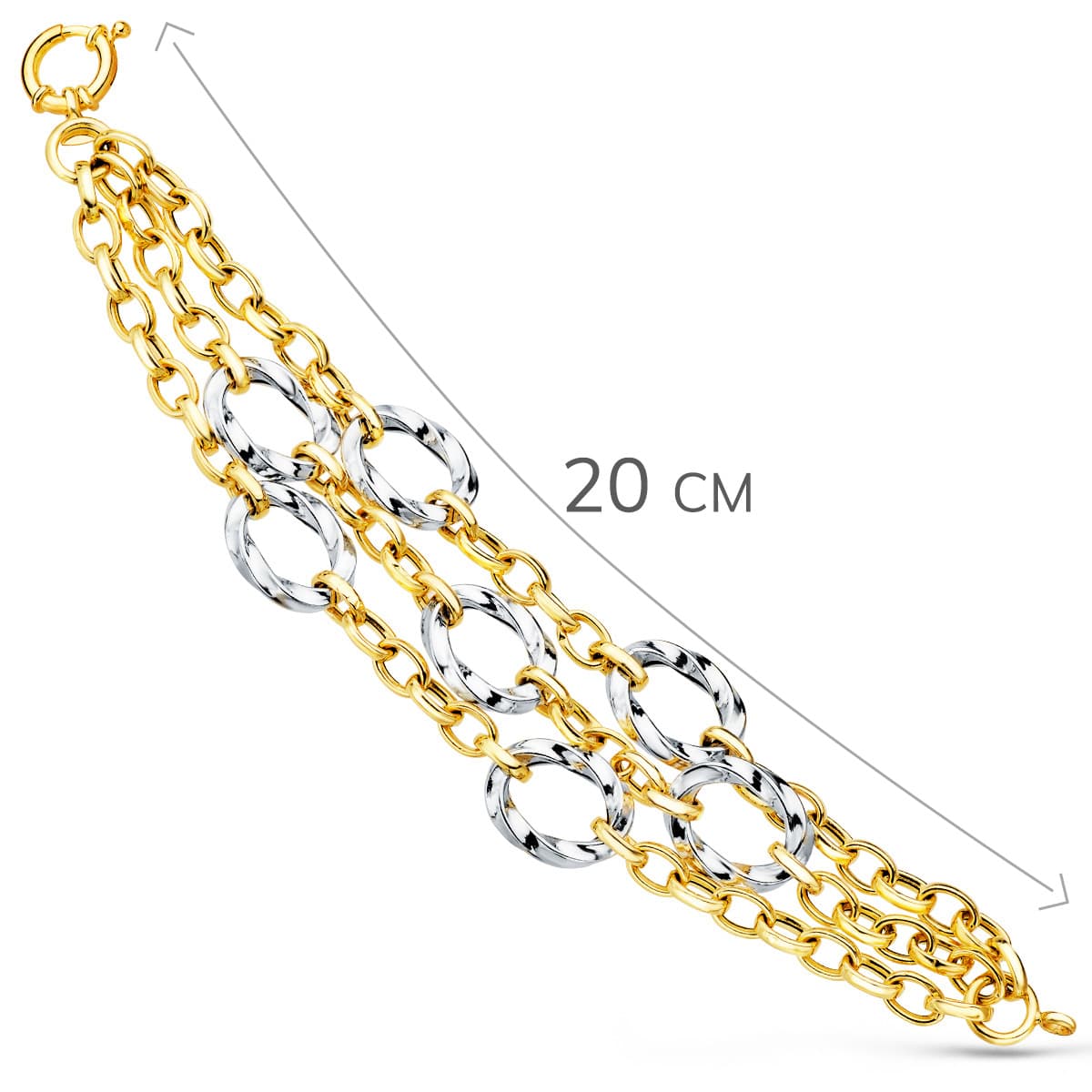 Pulsera Bicolor Triple Cadena Hueca Motivos Redondos 20 cm 18K