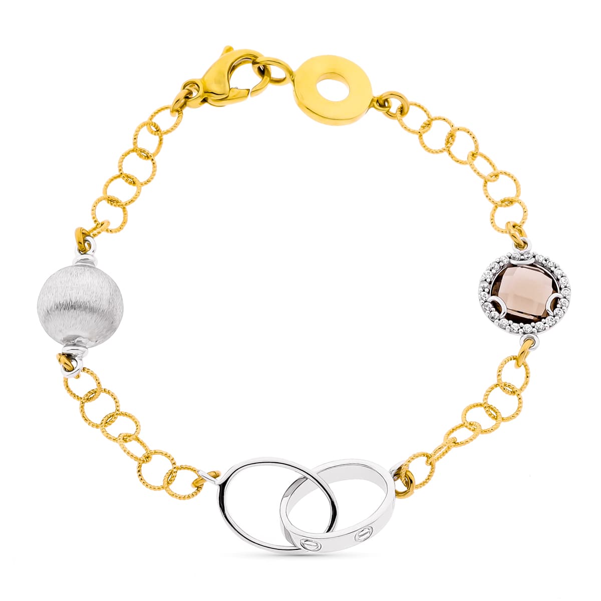 Pulsera Bicolor Eslabones Piedra Fume. Ancho 10 mm Largo 19 cm 18K